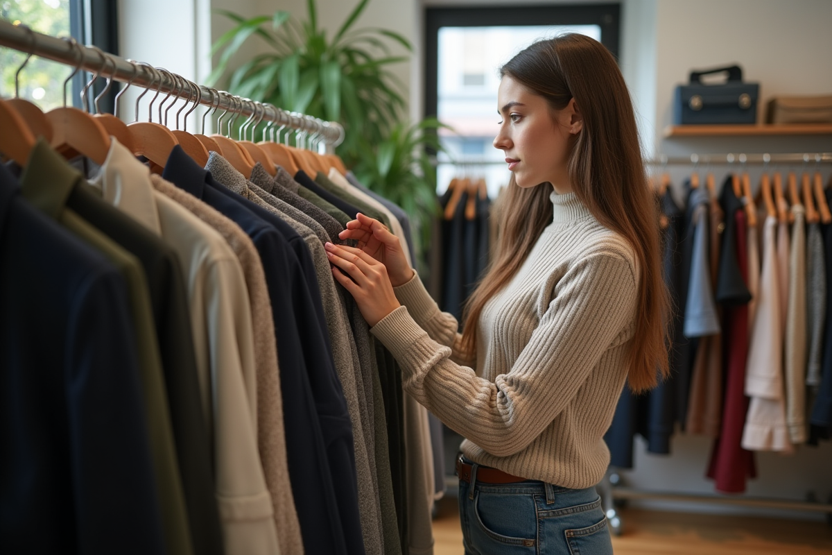 Jeune femme examinant un vêtement dans une boutique