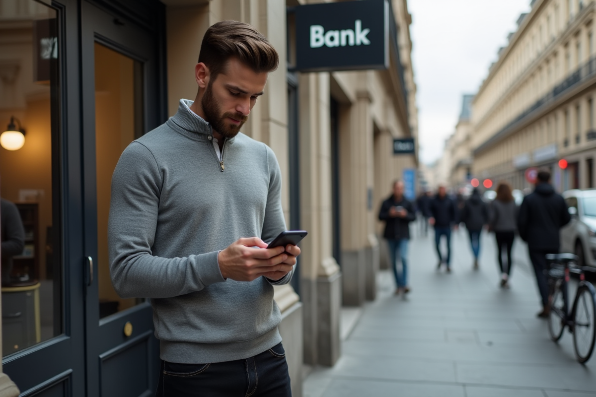 Jeune homme vérifiant son application bancaire devant une banque en ville
