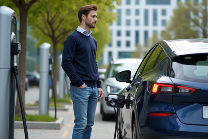 Jeune homme chargeant sa voiture électrique en ville