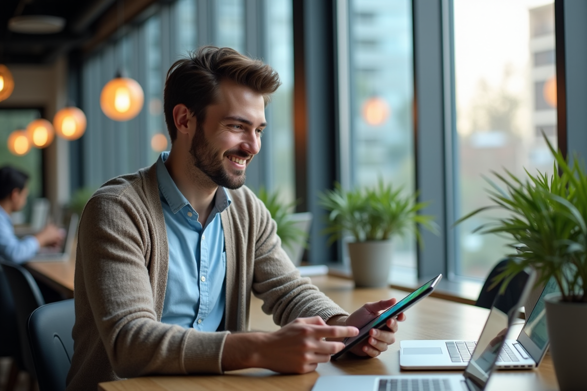 Jeune homme souriant avec tablette dans espace de coworking