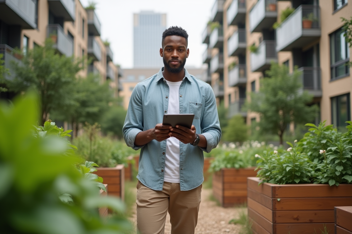 Jeune homme dans un jardin communautaire avec tablette d investissement
