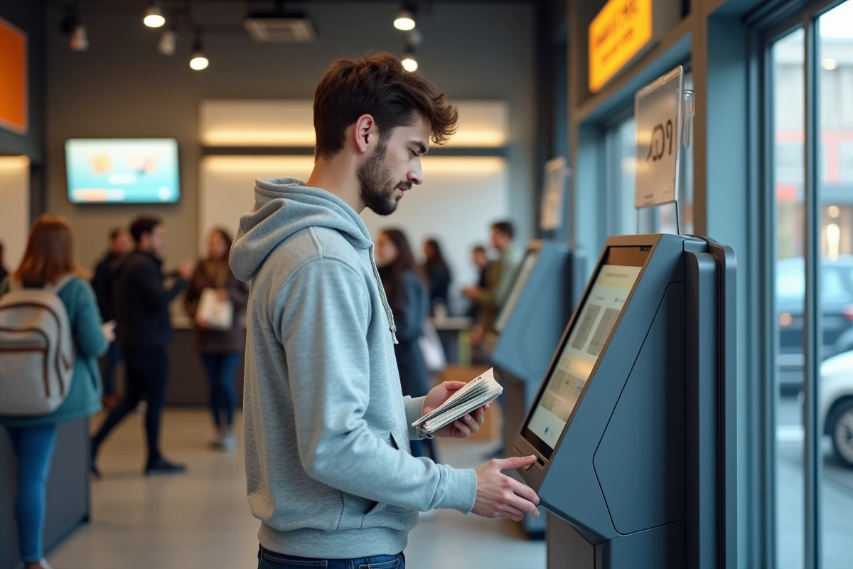 Jeune homme utilisant un kiosque postal moderne