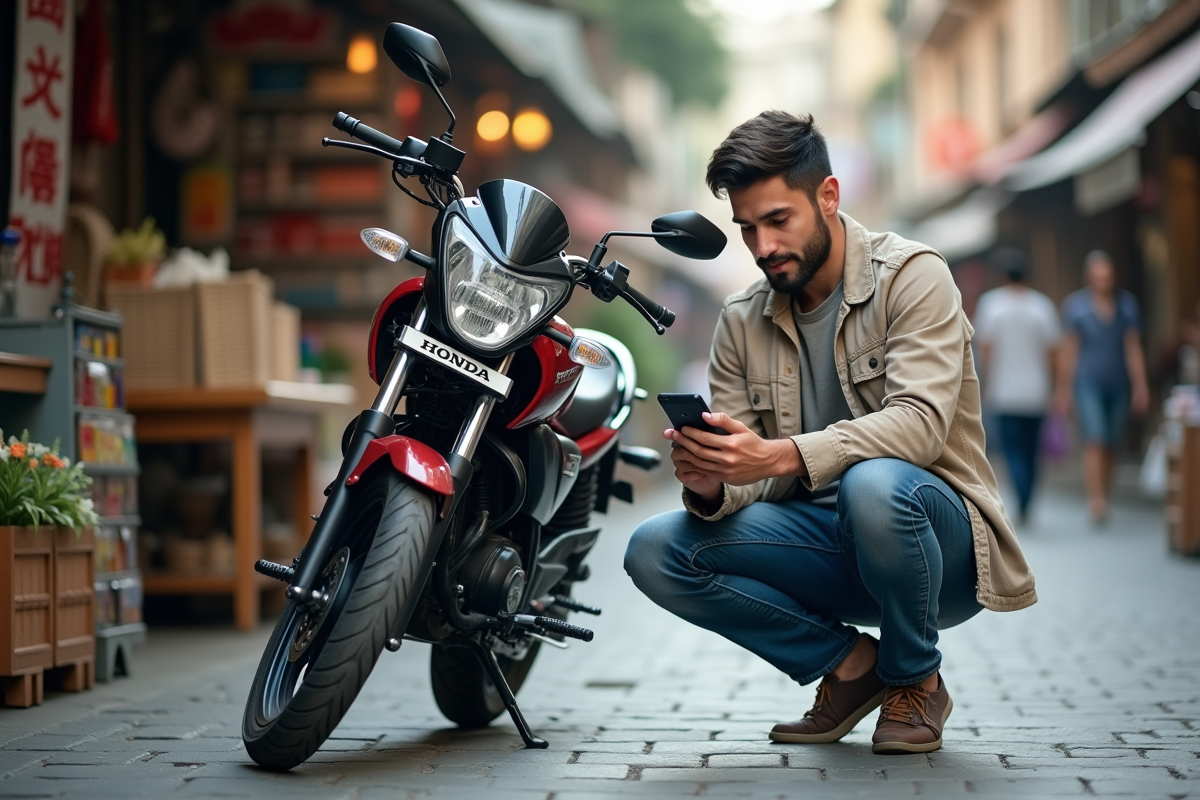 Jeune homme avec moto Honda Dax dans une rue urbaine