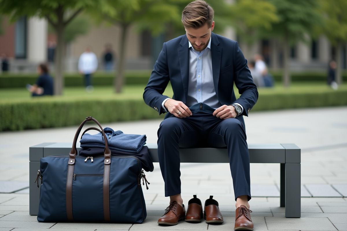 Jeune homme pliant un blazer dans un parc urbain