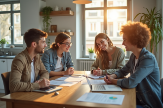 Jeunes adultes discutant de finances dans une cuisine lumineuse