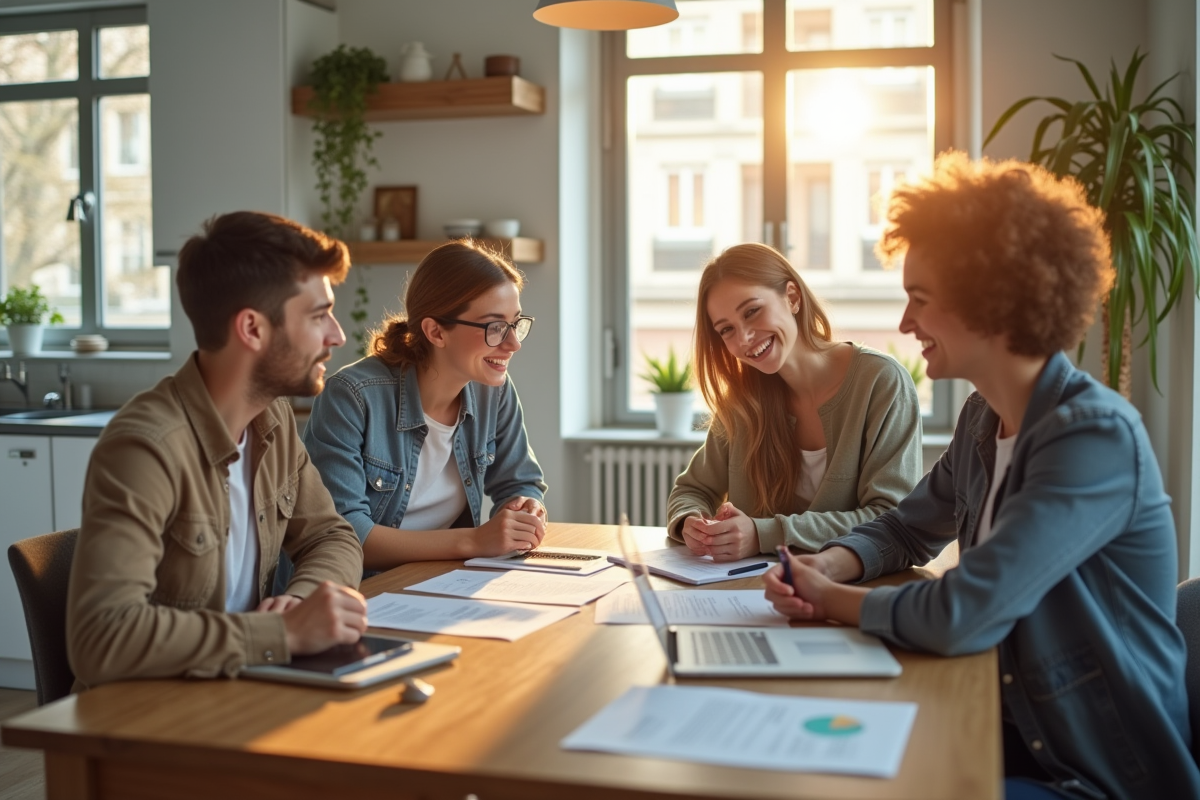 Jeunes adultes discutant de finances dans une cuisine lumineuse