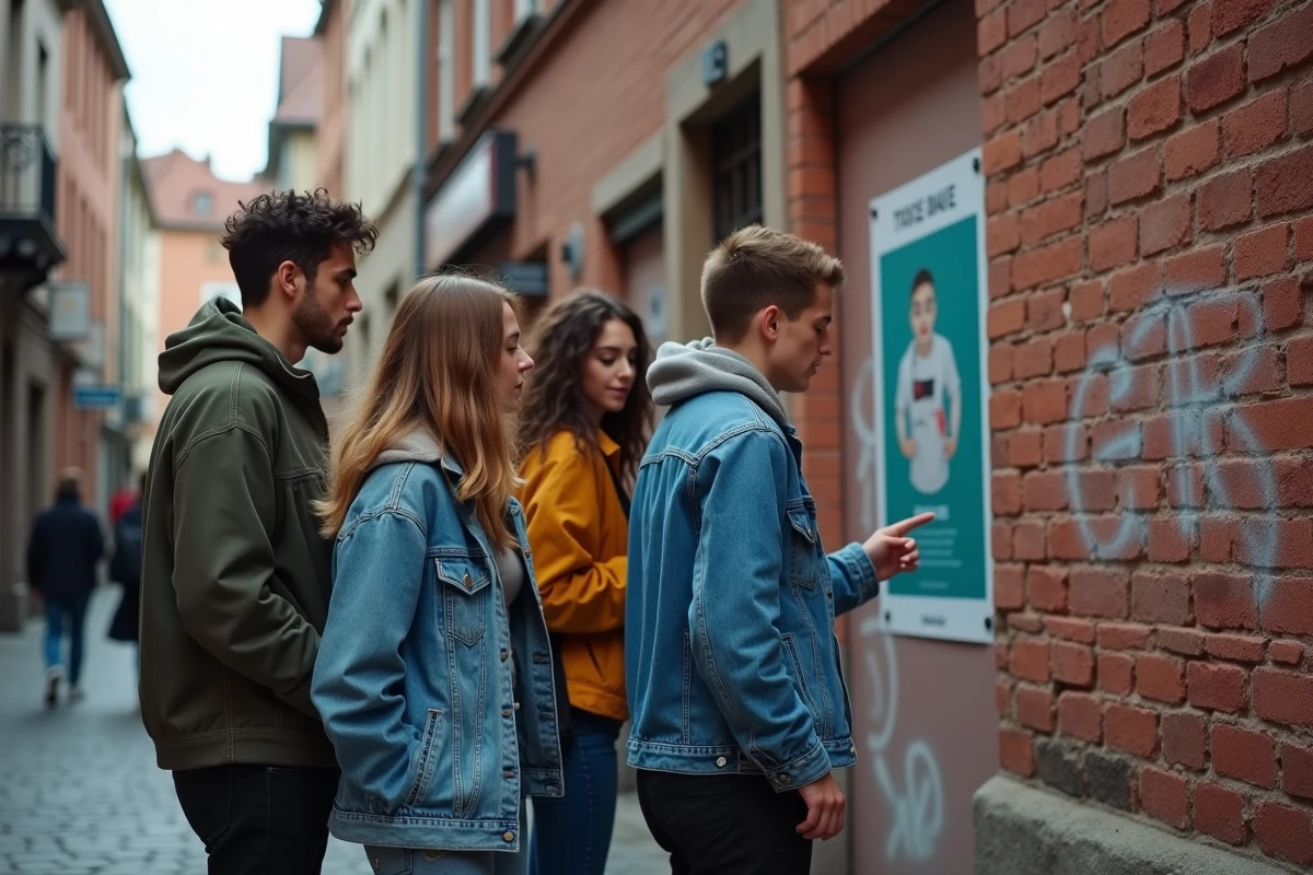 Groupe de jeunes adultes devant un mur de briques à Lille