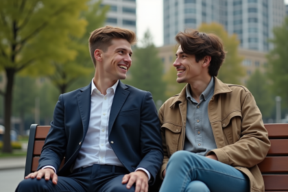 Deux jeunes adultes discutent dans un parc urbain ensoleille