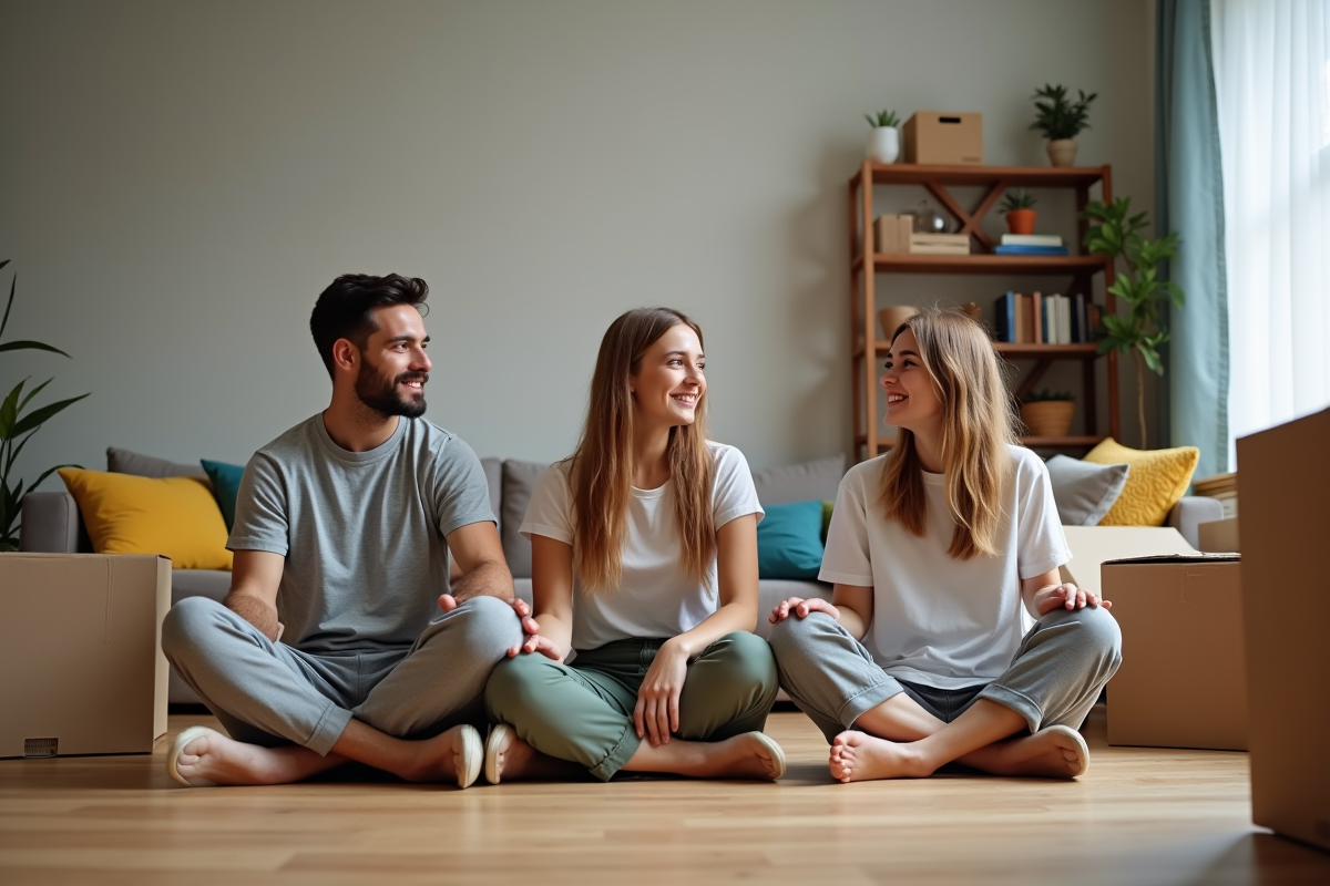 Trois personnes assemblent des meubles dans un salon en déménagement
