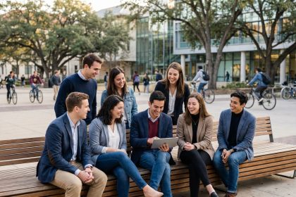 Groupe de jeunes professionnels dans un campus universitaire