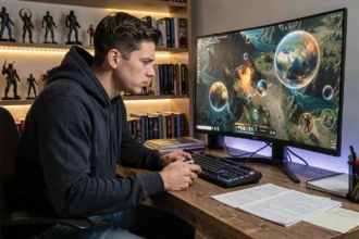 Joueur concentré devant un écran de jeu vidéo avec des zones de carte mystérieuses dans Clair Obscur