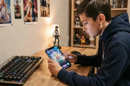 Adolescent jouant à un jeu mobile anime et entrant un code promo pour obtenir des perles et rerolls rapides