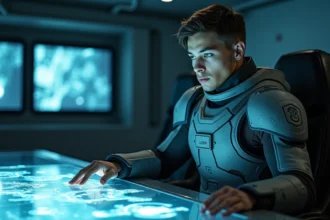 Joueur de stratégie futuriste en armure tactique étudiant une carte holographique dans un bunker de commandement science-fiction