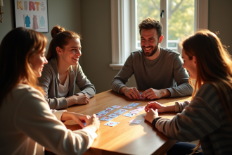 Quatre personnes jouent à SkipBo autour d'une table ensoleillée