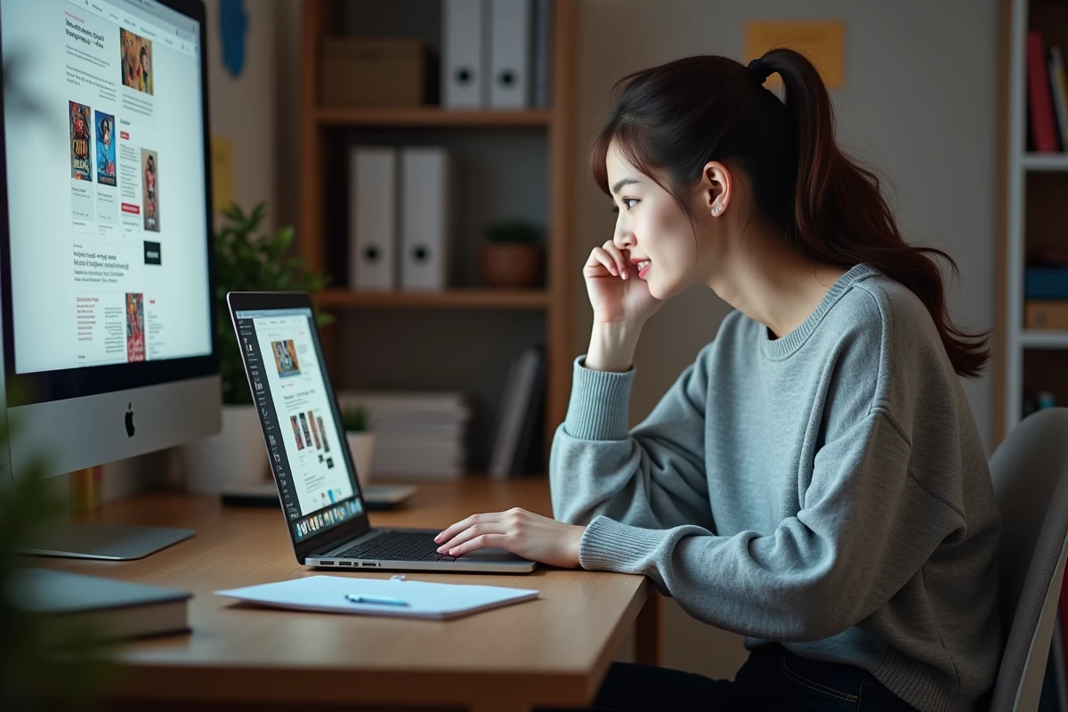 Jeune femme lisant des chapitres de manga en avance sur un ordinateur portable à son bureau à domicile