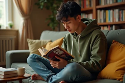 Jeune homme lisant un manga sur un canapé dans un appartement cosy, entouré de volumes empilés et d'une bibliothèque en arrière-plan