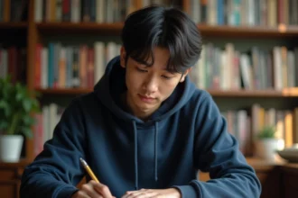 Jeune homme lisant un manga One Piece dans une bibliothèque cosy remplie de volumes manga