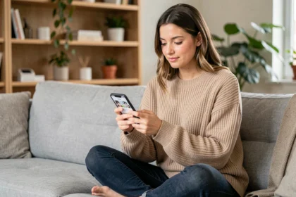 Jeune femme lisant des scans manga sur smartphone depuis un canapé moderne, application mobile ouverte sur l'écran