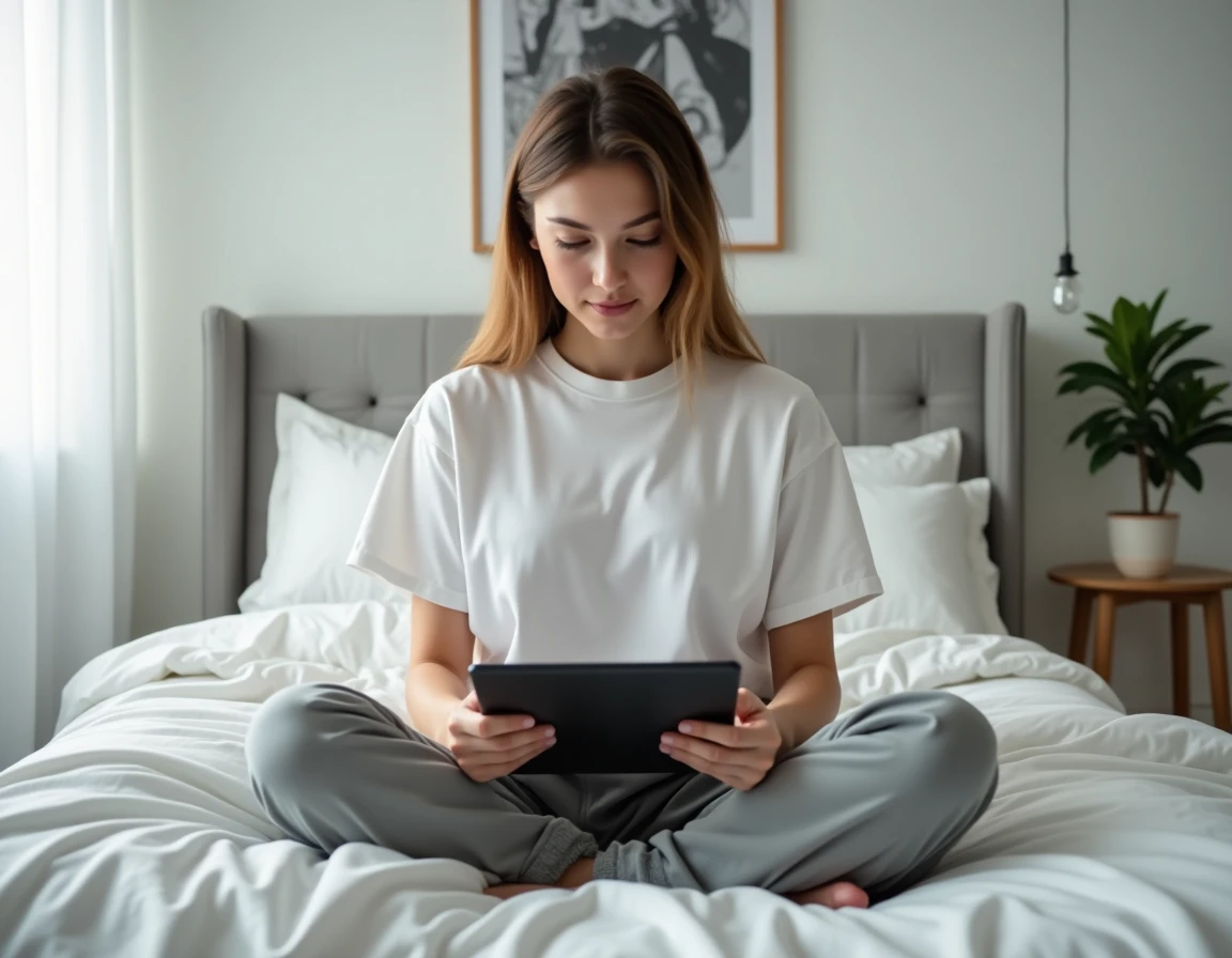 Jeune femme lisant le scan One Piece sur tablette dans sa chambre moderne