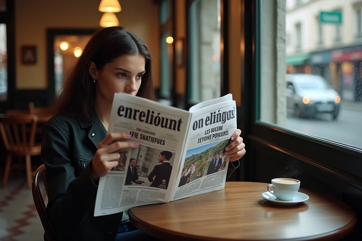 Personne lisant un journal tabloïd français dans un café parisien, illustration du voyeurisme médiatique et de la curiosité du public