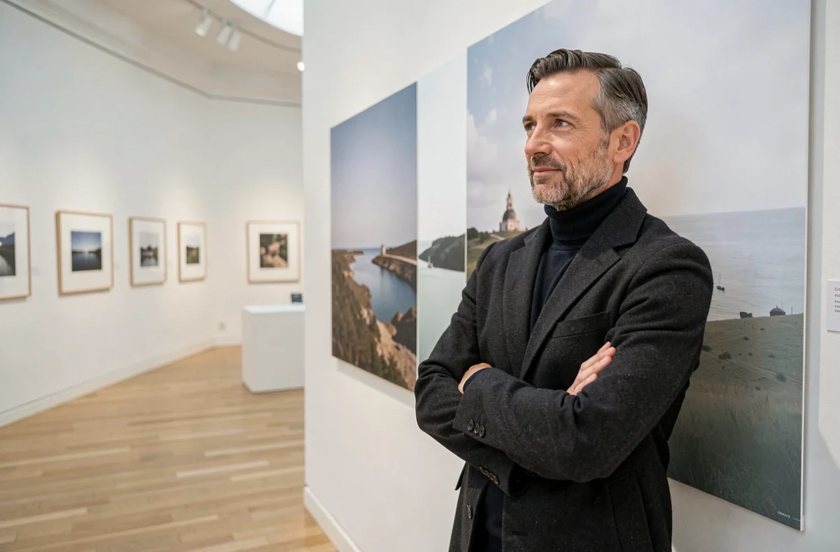 Louchel Guillaume, photographe, devant une de ses œuvres exposées dans une galerie contemporaine à Amiens, dans la Somme