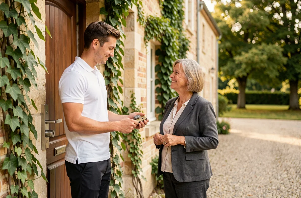 Serrurier référencé Loué Thibault présentant une installation réussie à une cliente devant une maison en Maine-et-Loire