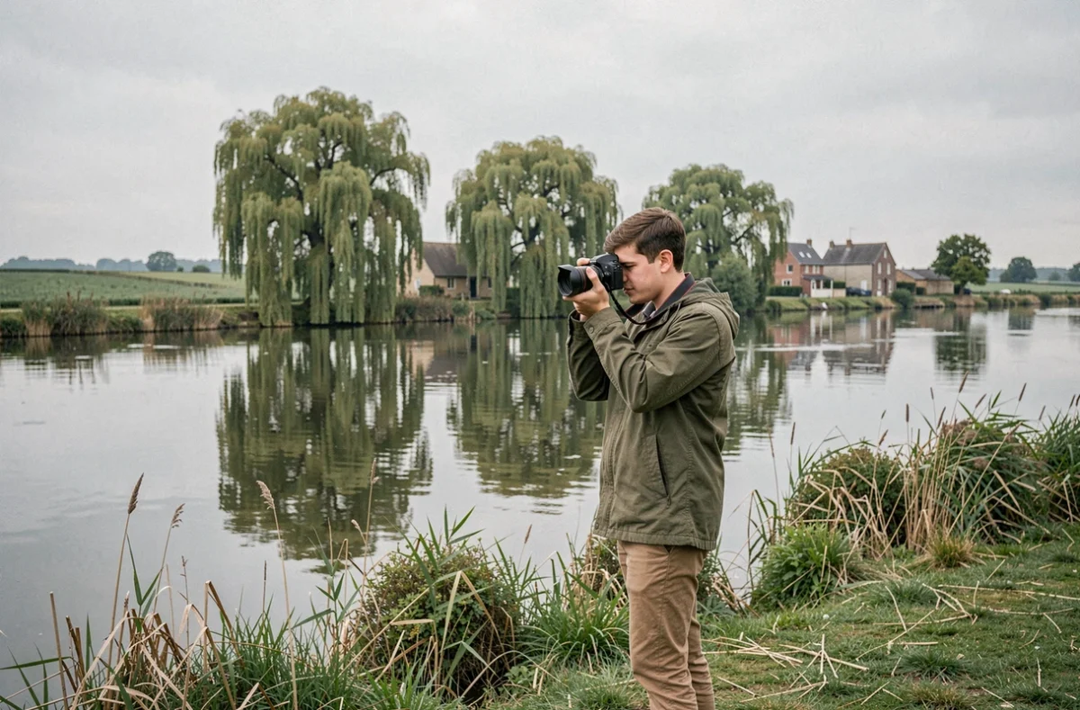 Lucas George, photographe, en train de photographier le paysage au bord de la rivière Somme dans un cadre naturel typique de la région