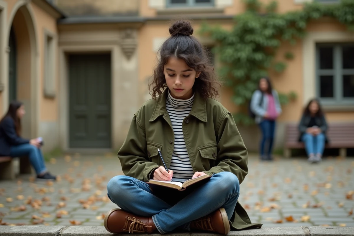 Lycéenne écrivant des citations de Rimbaud dans un carnet dans la cour d'un lycée français en automne