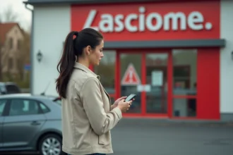 Femme devant un magasin Action fermé le dimanche dans une petite ville française