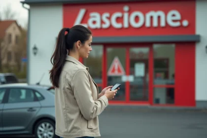 Femme devant un magasin Action fermé le dimanche dans une petite ville française