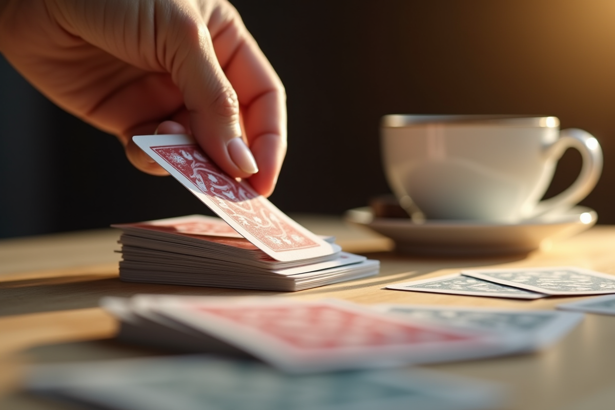 Main posant une carte SkipBo sur une pile avec café en arrière-plan