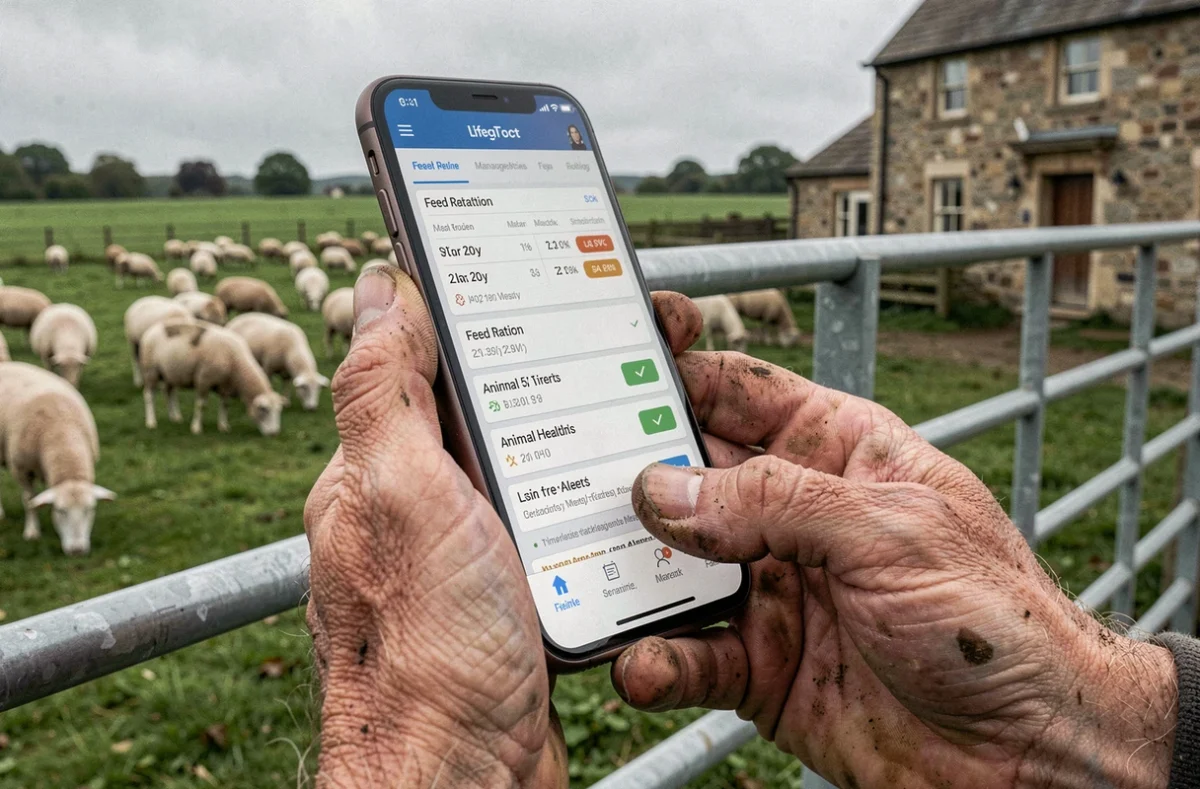 Mains d'éleveur tenant un smartphone avec application de gestion d'élevage devant un enclos à moutons