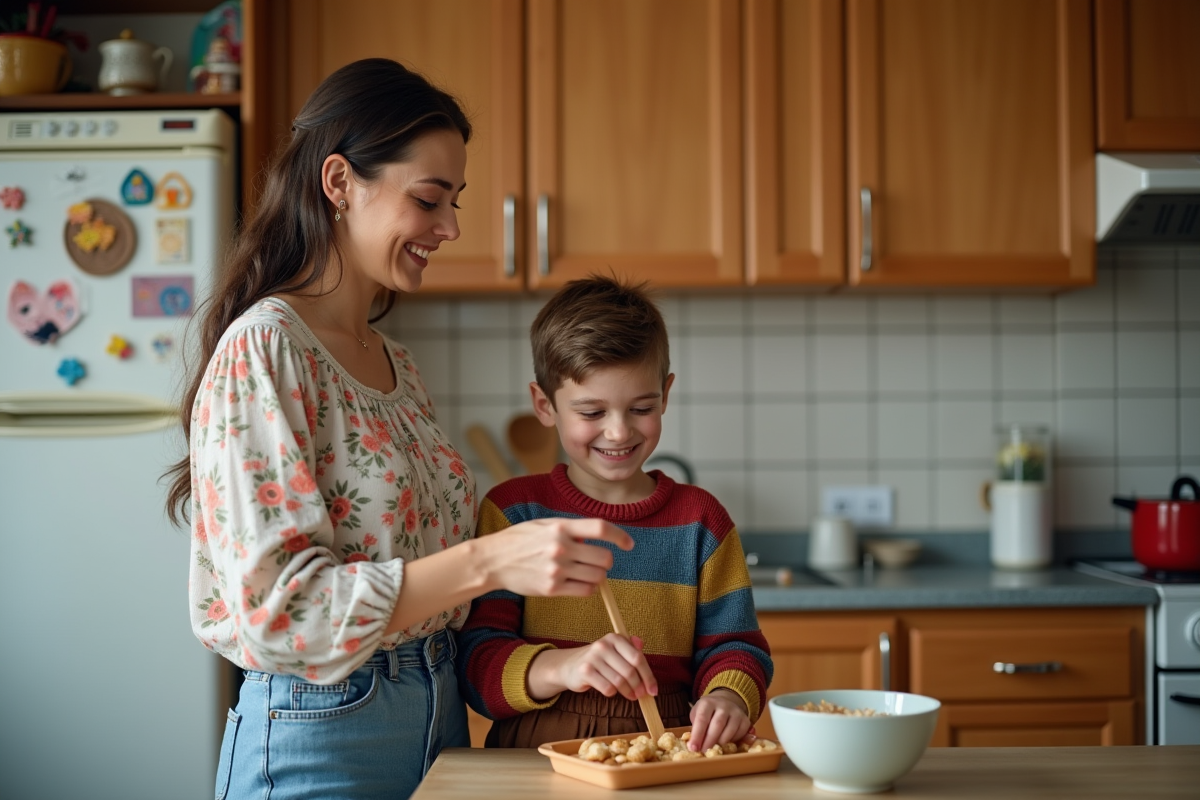 Mère et fils préparant des snacks en cuisine 90s