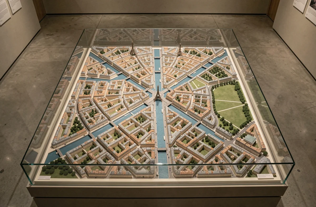Maquette détaillée de la ville de Paris exposée dans un musée de géographie illustrant ses arrondissements et sa superficie