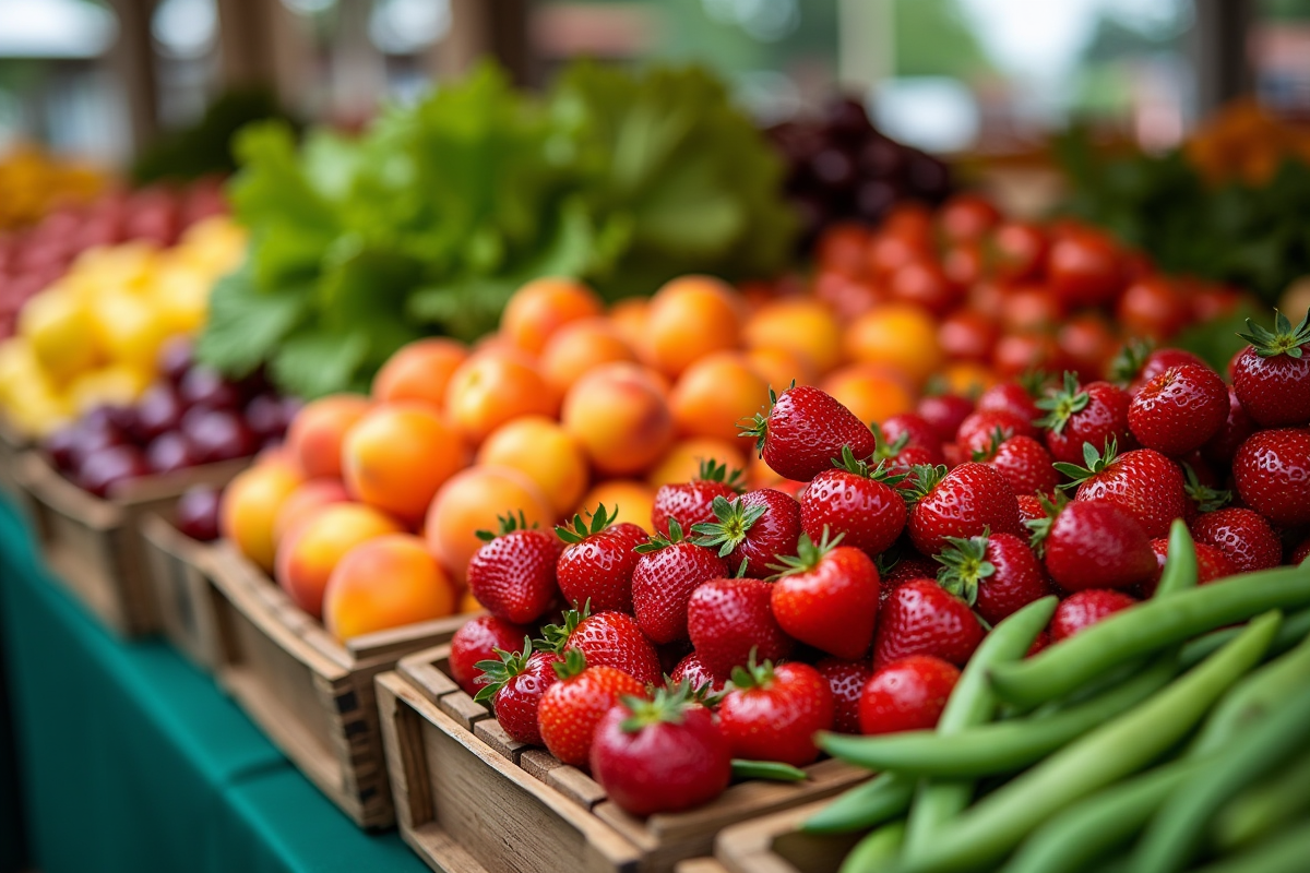Marché de producteurs avec fruits et légumes de saison