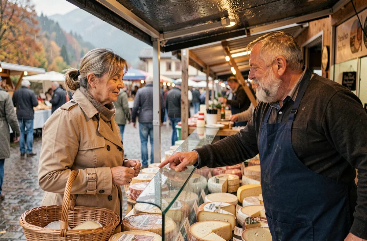 Cliente et fromager sous une bâche de marché pluvieux à Argelès-Gazost, produits régionaux pyrénéens exposés