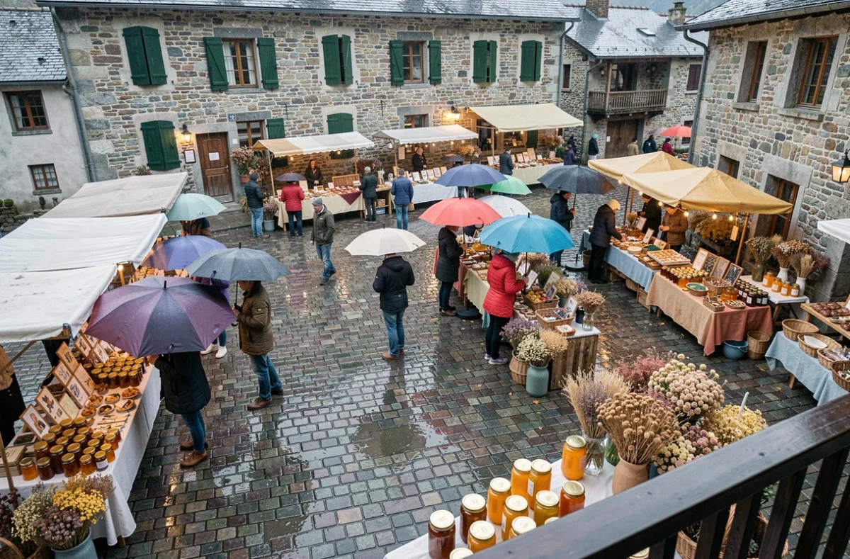 Vue plongeante sur la place du marché d'Argelès-Gazost sous la pluie avec parapluies colorés et pavés mouillés