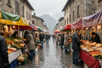 Marché d'Argelès-Gazost sous la pluie avec étals couverts et vendeurs en imperméables, ambiance brumeuse pyrénéenne