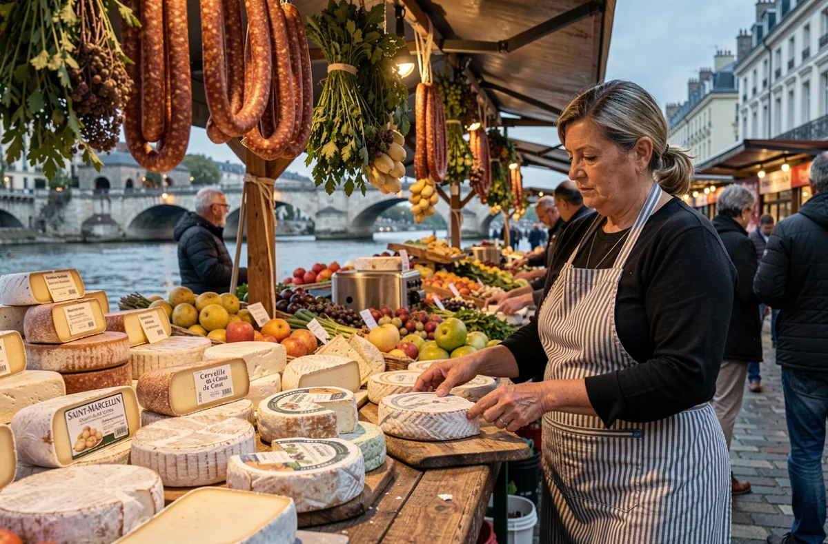 Étal de fromages et charcuteries lyonnaises au marché du Quai Saint-Antoine en soirée