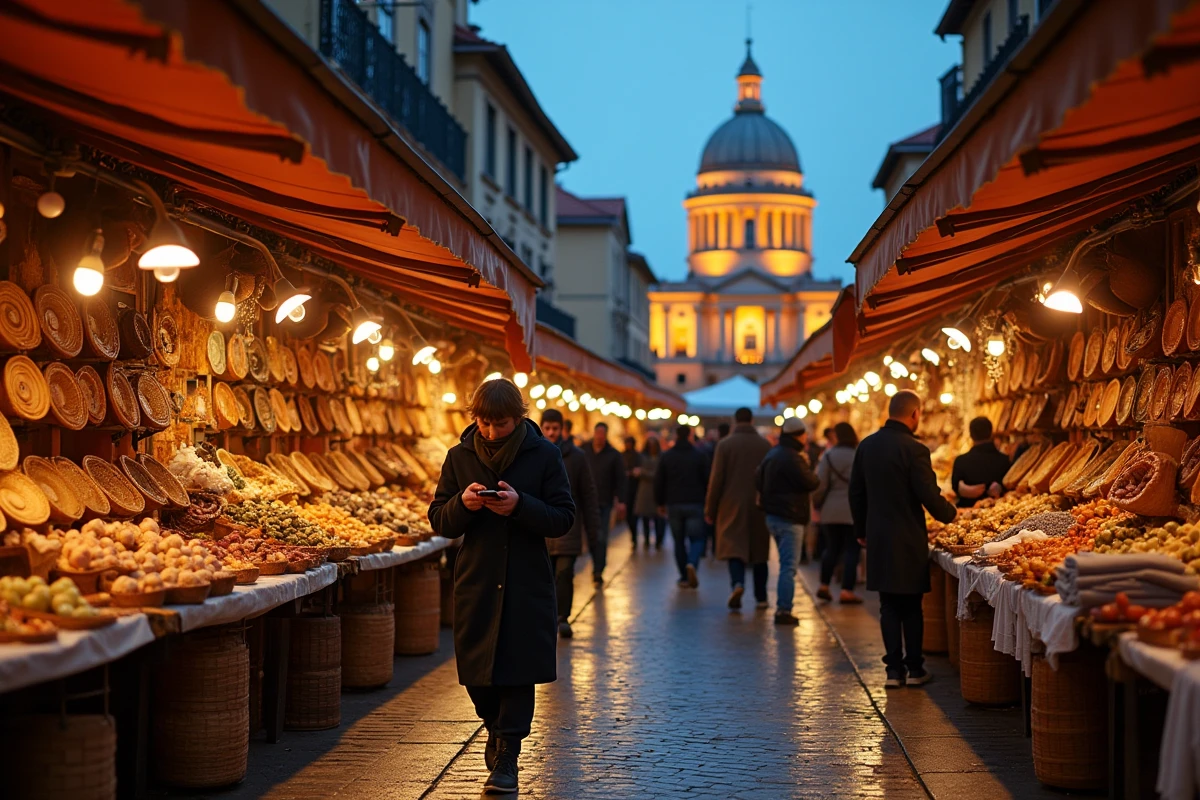 Marché nocturne animé place du Capitole à Toulouse avec des familles découvrant les étals artisanaux
