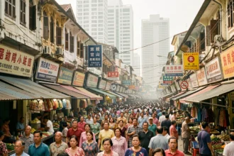 Foule dense dans une rue commerçante d'une mégapole asiatique illustrant la concentration de population mondiale