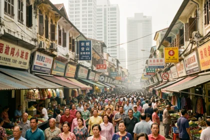 Foule dense dans une rue commerçante d'une mégapole asiatique illustrant la concentration de population mondiale
