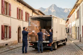 Équipe de déménagement professionnelle chargeant un camion devant un paysage des Pyrénées-Atlantiques avec architecture basque traditionnelle