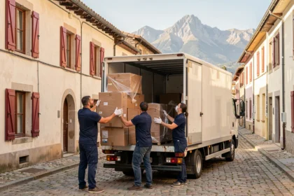 Équipe de déménagement professionnelle chargeant un camion devant un paysage des Pyrénées-Atlantiques avec architecture basque traditionnelle