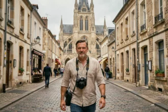 Photographe professionnel se promenant dans les rues historiques d'Amiens avec sa caméra, illustrant le classement des meilleurs photographes de la Somme