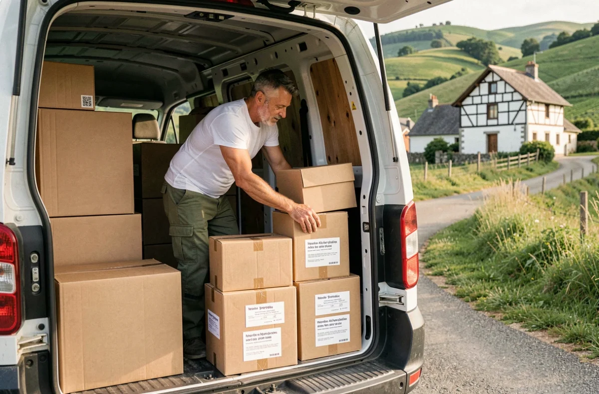 Déménageur de Mindurry SARL organisant des cartons dans un camionnette sur une route de campagne avec paysage basque vallonné en arrière-plan