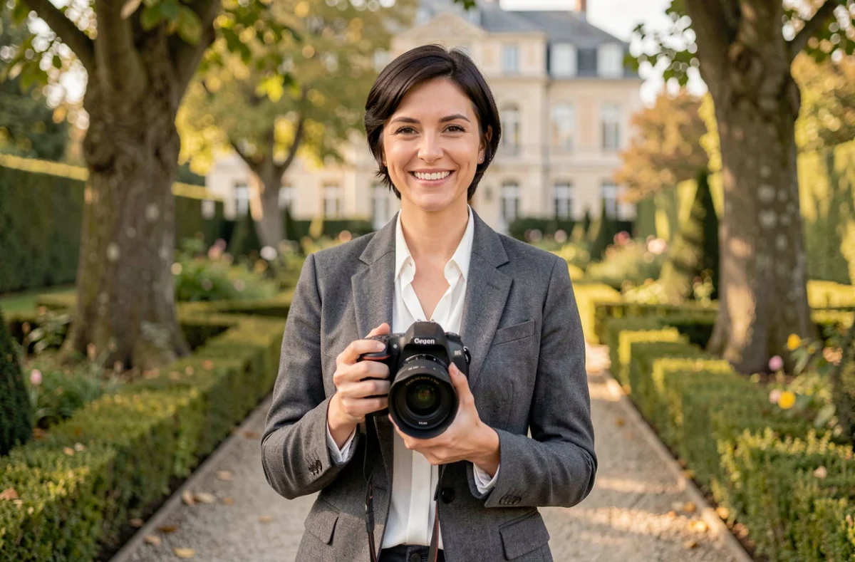 Morgan Kessler, photographe professionnelle, posant avec son appareil photo lors d'une séance en extérieur dans un jardin de la Somme