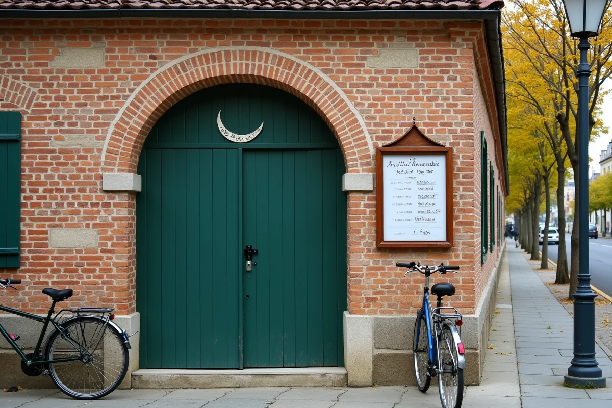 Facade extérieure d'une mosquée de quartier à Agen avec panneau des horaires de prières affiché à l'entrée