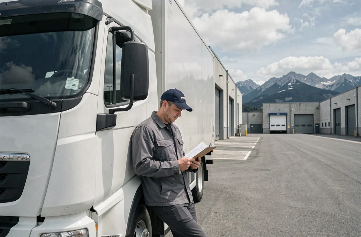 Chauffeur de Multi-transports 64 et Services consultant un bordereau de livraison devant un camion et un entrepôt commercial aux portes de Pau avec les Pyrénées en fond