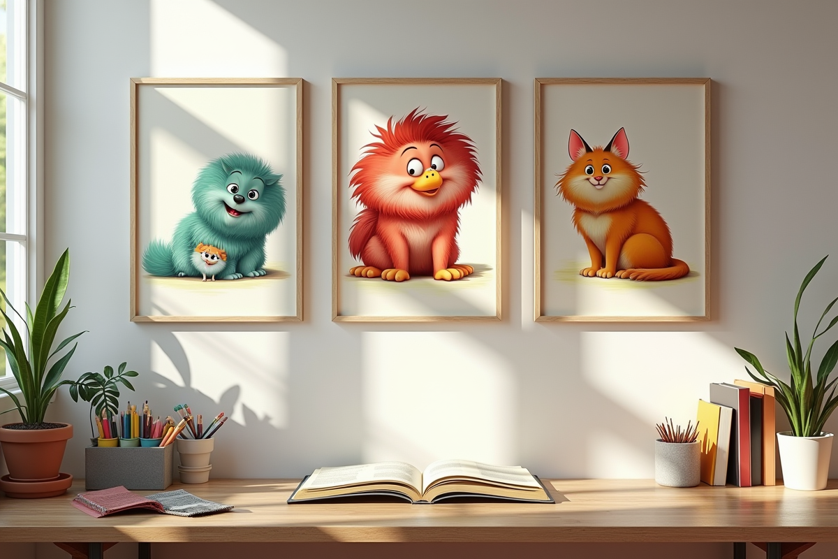 Mur de salon avec œuvres d